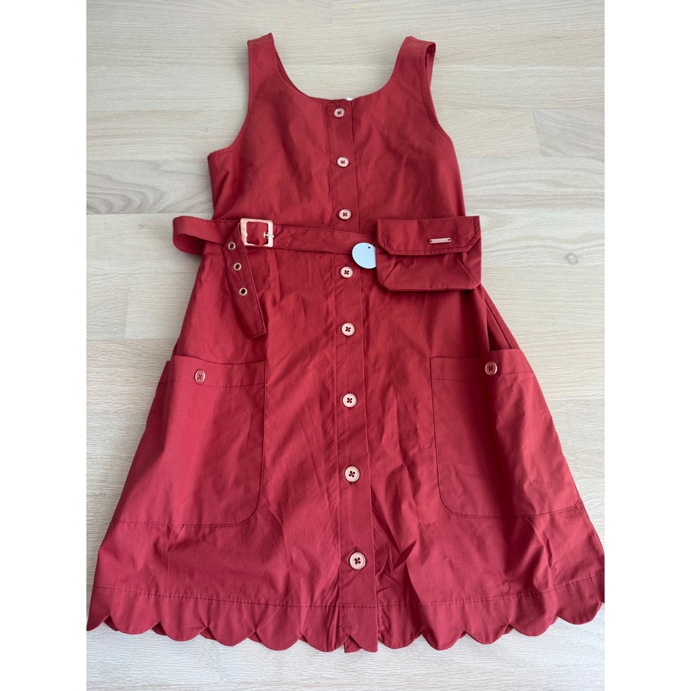 Tahari Girl Red Cotton Scalloped Hem Button Front Dress with Belt Bag Size 10